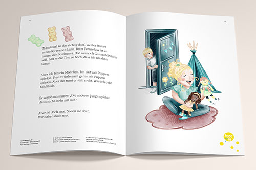 Buchillustration Ava und Franz, Ava spielt mit Puppen, Gummibärchen, Kinder, Kinderbuchillustration